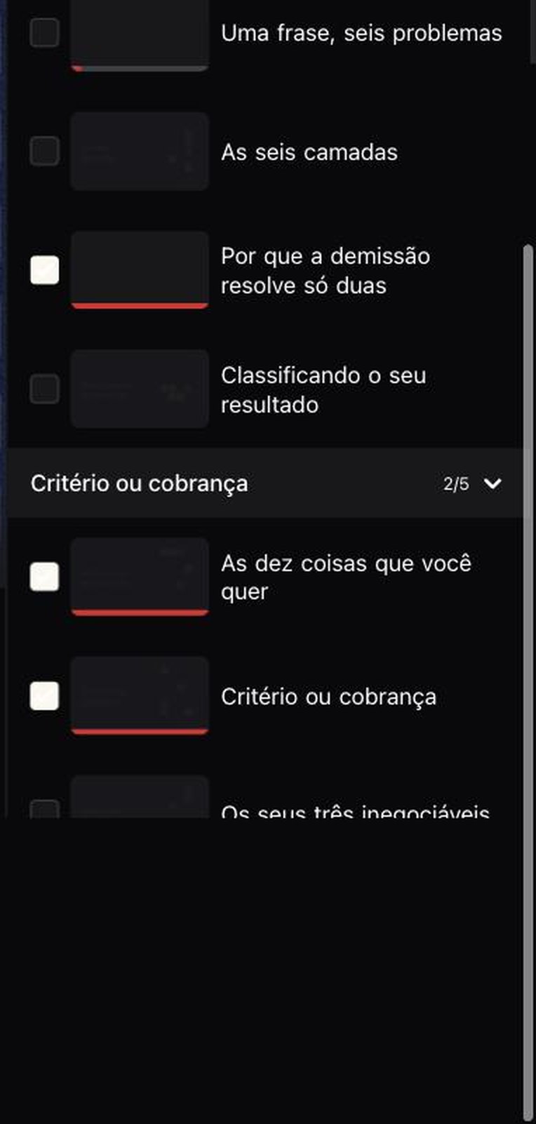 A mesma trilha de aulas no celular