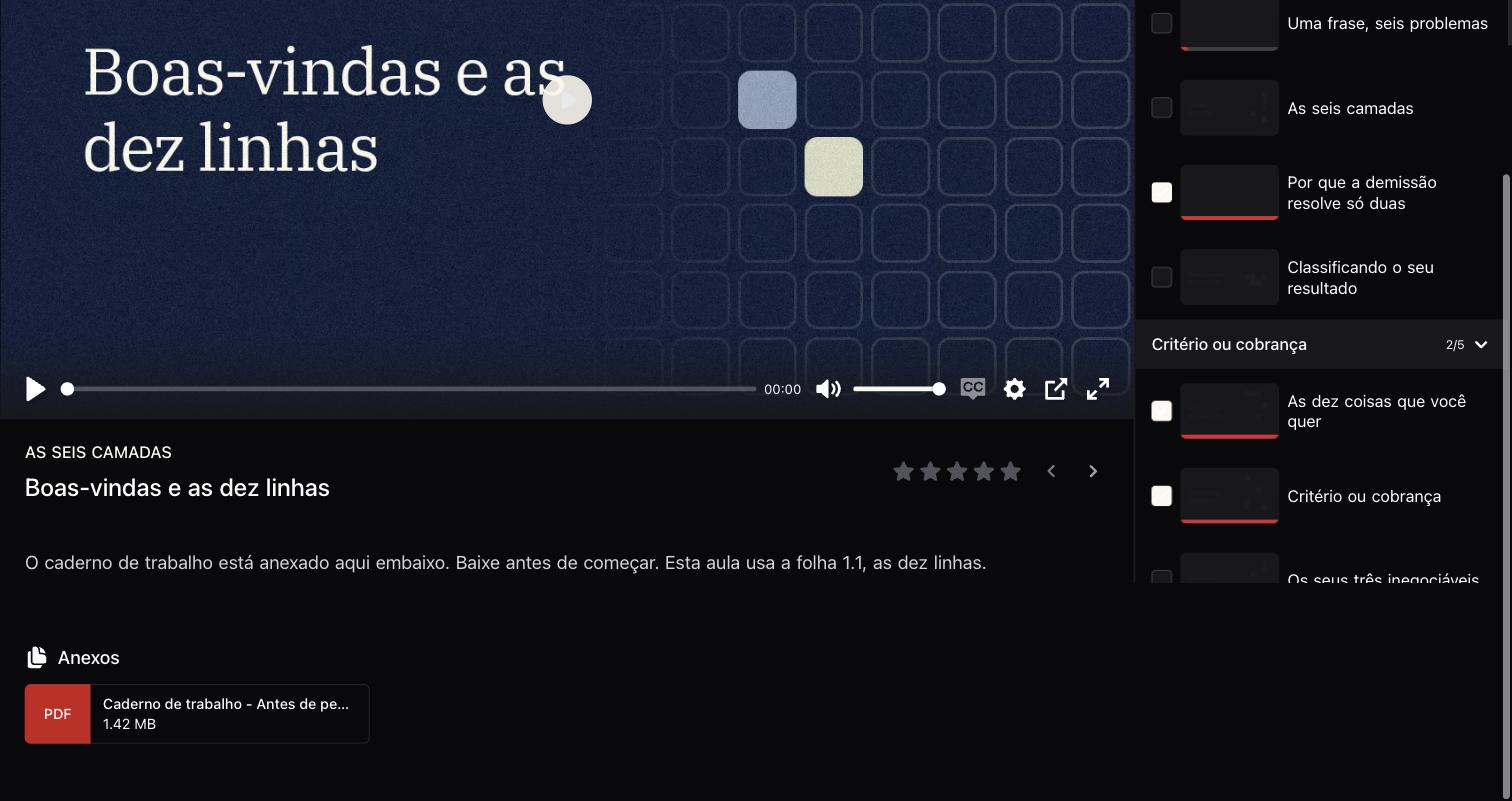 Área de membros, com a aula aberta e o caderno anexado