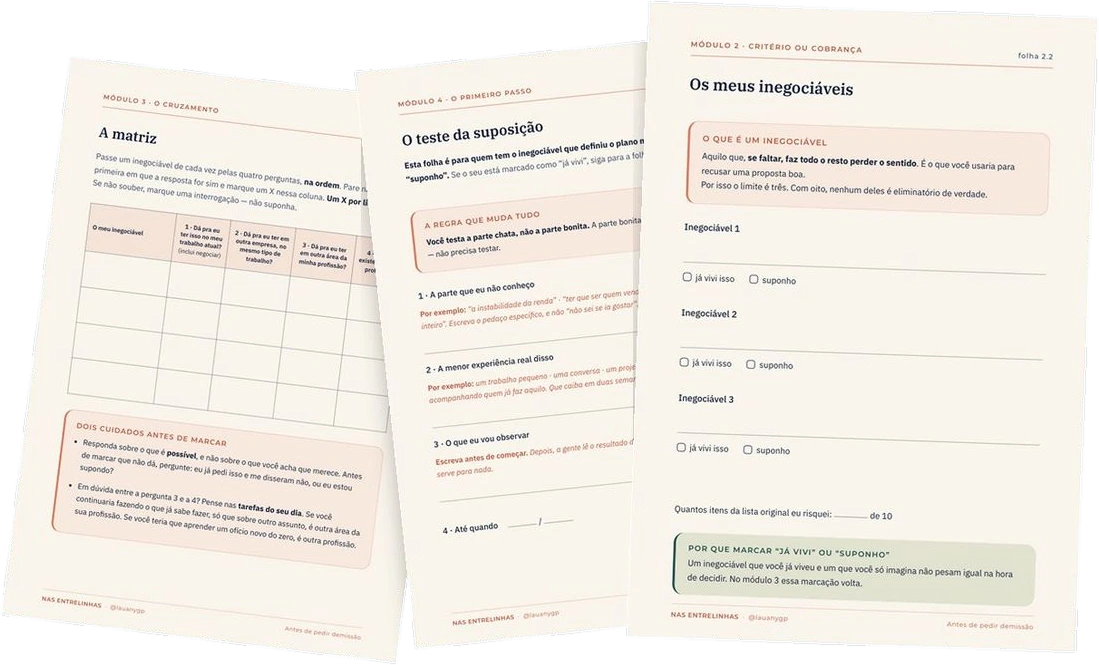 Folhas do caderno de trabalho