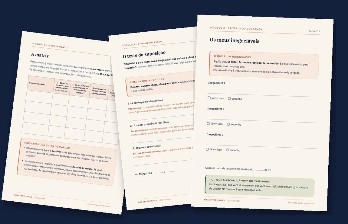 Folhas do caderno de trabalho